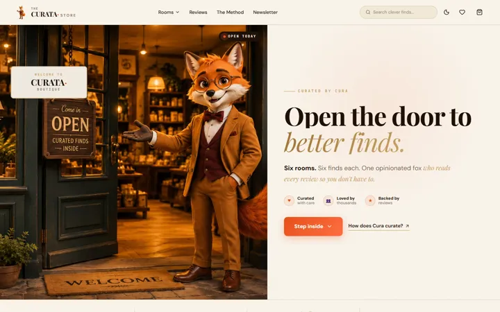 CURATA: screenshot of the home page, desktop