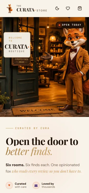 CURATA: screenshot of the home page, mobile
