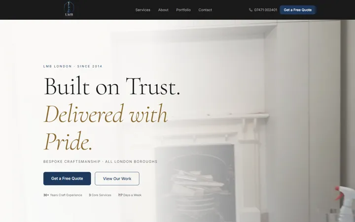 London Move Build: screenshot of the home page, desktop