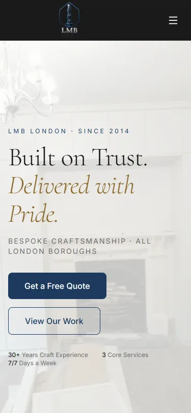 London Move Build: screenshot of the home page, mobile