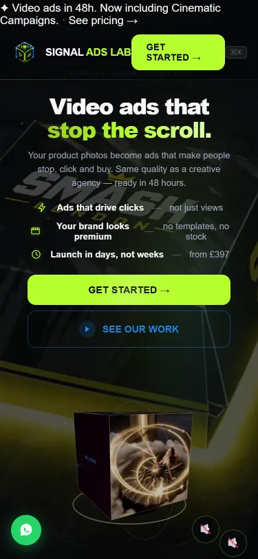 Signal Ads Lab: screenshot of the home page, mobile