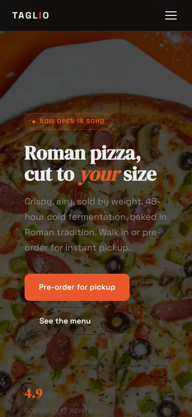 TAGLIO Soho: screenshot of the home page, mobile